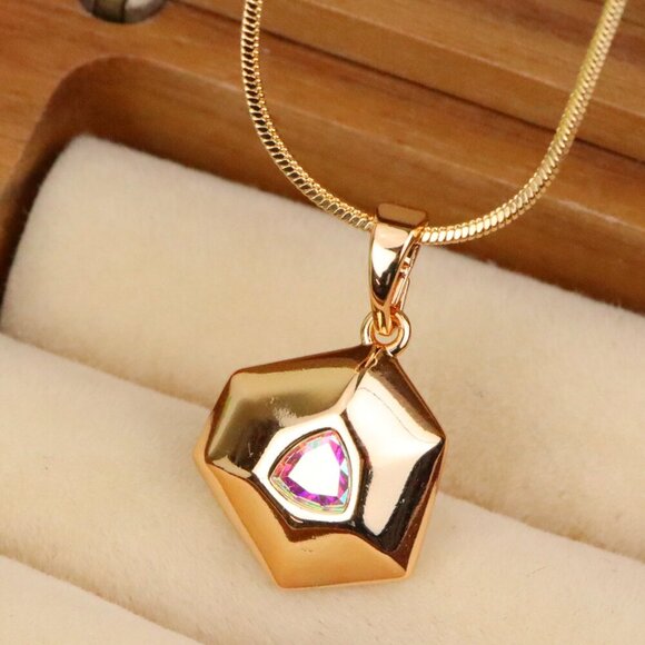 "Gold-Plated Satin White Pendant with Iridescent Center Stone, XPPT1749 - Picture 1 of 13